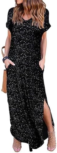 HUSKARY Women's Summer Maxi Dress Casual Loose Pockets Long Dress Short Sleeve Split Maxi Dresses