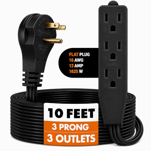 Bindmaster Flat Plug Extension Cord 10 FT Black 3 Outlet 3 Prong Grounded Indoor Extension Cord Low Profile Wall Hugger Angled Plug 16/3 Heavy Duty Power Cord 13A 125V for Home Office TV Desk Dorm