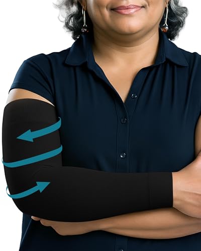 Image of KEMFORD Lymphedema Compression Arm Sleeves for Women - 15-20 mmHg, Silicone Grip, 1 Pair, Black, 2XL - Arm Support for Swelling & Edema