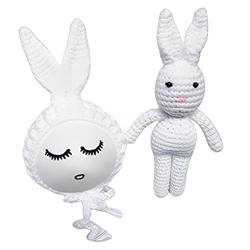 MIMIA 赤ちゃん ニット帽 ぬいぐるみ 2点セット 0〜3か月用ベビー 写真 服撮影 帽子 小道具 ニューボーン (うさぎ・ホワイト)