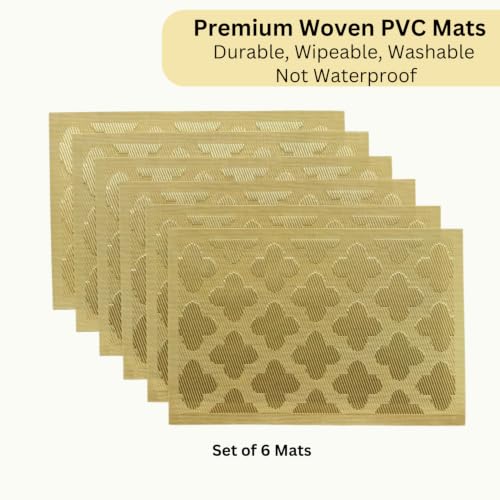 Image of Livmodern Premium Dining Table Mats for 6 Seater | Woven PVC Placemats | Anti Skid & Moderate Heat Resistant | Washable & Wipeable Set of 6 - Golden Clover