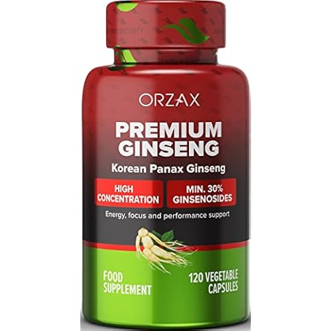 ORZAX Ginseng, 30% Ginsenosides, Premium 120 Vegetable Capsules, Panax Ginseng 1000 mg, Korean Red Ginseng for Energy Boosting, Support Focusing and Performance, Gluten-Free Energy Supplement Cover