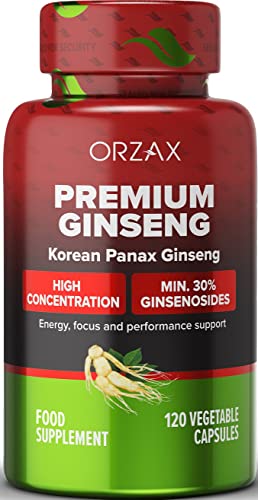 ORZAX Korean Panax Ginseng Capsules with 30% Ginsenosides for Performance & Energy Supplements for Women and Men - Red Ginseng for Enhanced Focus (120 Veg Capsules)