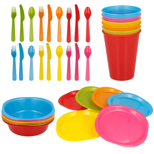 Set Vaisselle en Plastique Réutilisable de Couleur pour 6 personnes - 36 pièces - Assiettes, Bols, Verres, Couverts (Fourchettes, Couteaux, Cuillères) - Camping, Picnic, Pique-nique (36 pièces)