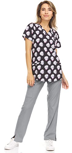 MediChic Women's Print Scrubs Workwear Set Medical Nursing Print Scrubs V-Neck Top and Straight Leg Pants Set