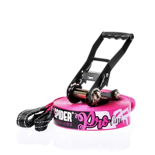 SPIDER SLACKLINE - Kit Pro Line para Saltos, Caminar, Freestyle - Cinta de 20 m con trinquete, Bolsa de Transporte y protección de trinquete - Kit Completo para slackliners
