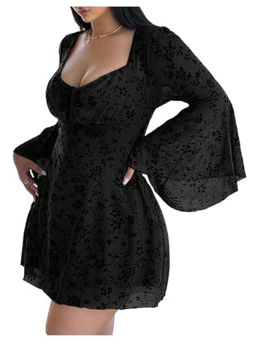 Image of Floerns Women's Plus Size Floral Gothic Dress Flare Long Sleeve Mesh Grunge A Line Dress