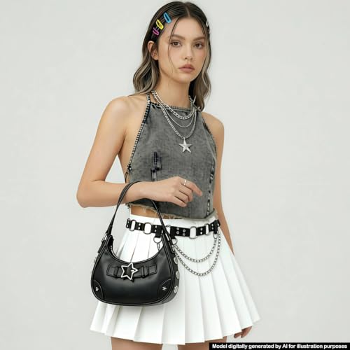 Image of Cute Y2k Purse for Women, Star Embroidery Pattern with Chain Strap Shoulder Bag, Goth Style Cute Mini Purse