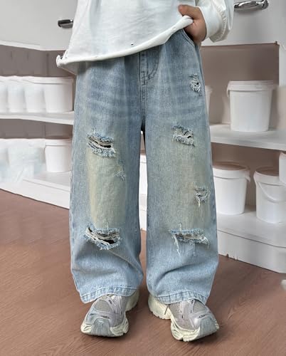 Boys Kids Baggy Wide Leg Hole Jeans Elastic Waist Distressed Ripped Hip Hop Skater Denim Pants 3-11 Years3