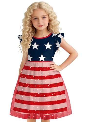Image of Girls 4th of July Dress American Patriotic Outfit USA Independence Day Clothes Flutter Sleeve Tulle Tutu Dress 5-14y