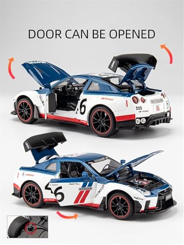 Image of 1:24 Nissan GTR R50 Diecast Model Car | Alloy Metal Pull Back Toy Vehicle with Sound, Light & Openable Doors | Racing Car Toy for Kids & Collectors (Blue)