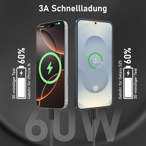 Anysea USB C auf USB C Kabel 60W：[2M+1M+1M+0.5M] 4Stück Ladekabel USBC USBC Schnellladekabel Nylon Datenkabel USB Typ C Ladekabel Kompatibel mit iPhone 16 15 Pro Max Galaxy S24 S23 Pixel iPad MacBook