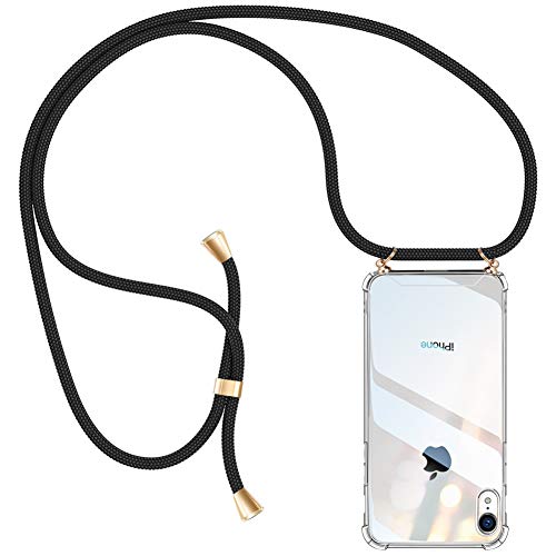 AODOOR Collier pour iPhone XR Coque, Coque pour iPhone XR avec Cordon de Collier Transparent TPU Housse, Etui pour iPhone XR Chaîne Cordon Lanière Cover Necklace Bandouilière Stylée - Noir