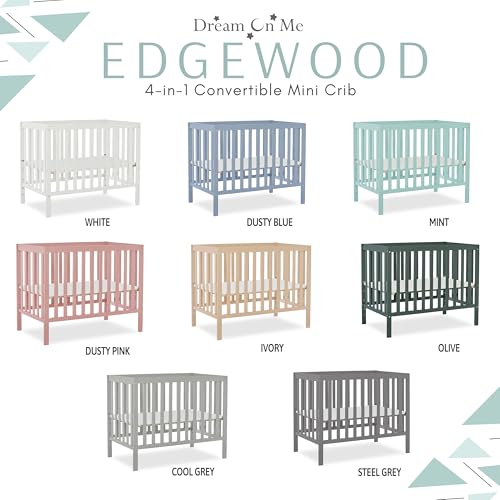 Image of Dream On Me Edgewood 4-In-1 Convertible Mini Crib In Mint, JPMA Certified, Non-Toxic Finish, New Zealand Pinewood, With 3 Mattress Height Settings, Included 1 inch Mattress Pad