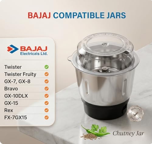 Image of Bajaj Original Chutney Jar 400ml, Stainless Steel Mixer Grinder Spare Jar with Lid, Compatible with Twister, Fruity, GX-7, GX-8, Bravo, GX-10DLX, GX-15, Rex, FX-7 Models
