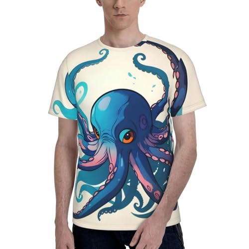 Camiseta de manga corta con cuello redondo para hombre, diseño de pulpo azul y morado, Negro, M