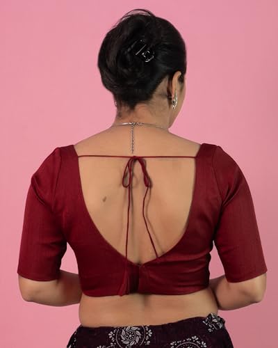 Image of FIGURE'S DESIGNER Women's Dupion Raw Silk Half Elbow Sleeves Sweetheart V Neck Sabyasachi Cut Readymade Saree Blouse S10