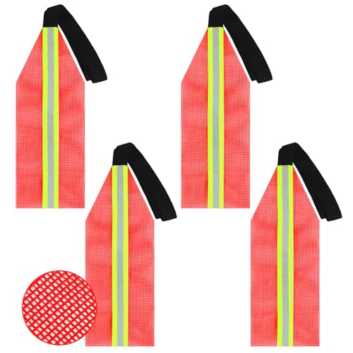 Mindsoft 4 Pcs Safety Travel Flag for Kayak Single Sided Mesh Reflective Red Warning Flag for Trailer Hauling Truck Loads with Webbing for Boat SUP Towing Canoe Accessories Kit(Simple Style)
