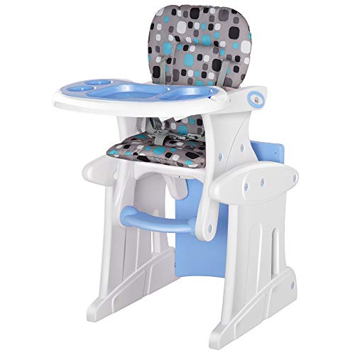 HOMCOM Trona para Bebés 2 en 1 para 6 Meses a 6 Años Transformable en Mesa y Silla Multifuncional Ajustable en 3 Posiciones Respaldo Alto Acolchado con 2 Bandejas Extraíbles 57x59x105 cm Azul