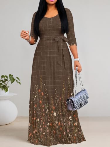 Image of PinkPatty Women's Plus Size Maxi Dresses Casual Flowy 3 /4 Sleeves Dress Printed Vacation Dress for Daily Wear with Belt