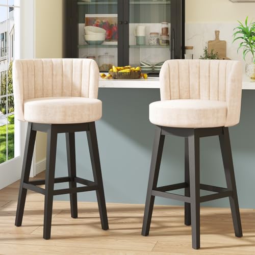 Image of COCO DESIGN Swivel Bar Stools Set of 6, 30 inch Bar Height Mid Century Modern Barstools with Back, Velvet Upholstered Seat and Solid Wood Legs, for Bar Kitchen Island, Cream Beige