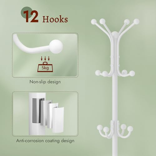 FAVOOSTY Coat Stand Coat Rack with 12 Hooks, Free standing Clothes Clothing Rack with Umbrella Holder, Hats, Bags for Hallway Bedroom Living Room Office, White - Image 4