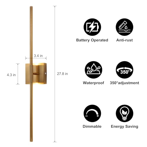 Image of 15800 mAh Battery Operated Wall Sconce with Remote Control Dimmable Wall Sconce Set of Two 3000K LED Brass Gold Wireless Wall Light Battery Powered Cordless Rechargeable Sconces Wall Lighting Set of 2