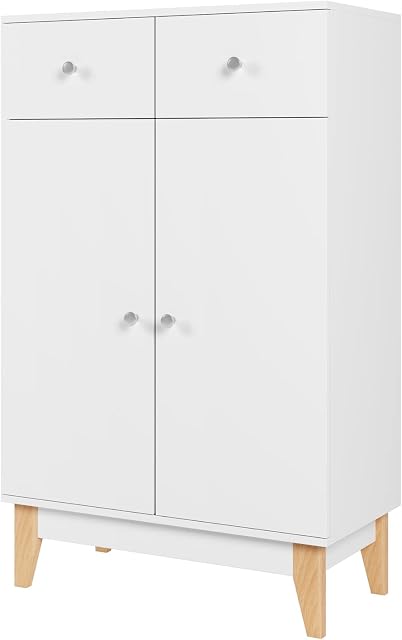 Sideboard Storage Cupboard Wooden Cabinet Storage Rack with 2 Doors 2 Drawers for Hallway Living Room Freestanding Shelving Unit White Oak 75x37x120cm