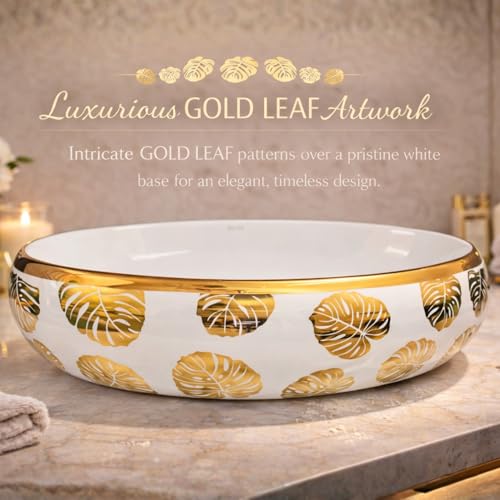 Image of Wallace Designer Oval Table Top Wash Basin White 60x40x15 cm | Premium Ceramic Countertop Vessel Sink with Gold Leaf Pattern | Luxury Over Counter Bathroom Basin