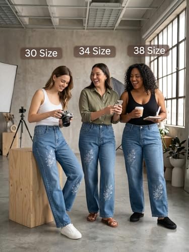 Image of GRECIILOOKS Embroidery Jeans for Women| Women's Summer Wide Leg Denim Jeans | High Waist Straight Fit Casual Pants for Office, Vacation & Everyday Wear