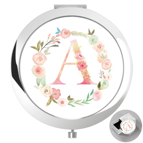 Personalized Gift Initial Compact Mirror w Box for Women Sister (A, SILVER)