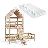 VitaliSpa Kinderbett Teddy 90x200cm Spielturm Bett Spielbett Jugendbett Hausbett inklusive Matratze Natur