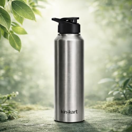 Image of Kin-Kart Water Bottles 1000 ml Stainless Steel Water Bottle 1 Litre | Eco friendly Steel BPA Free Leakproof Water Bottles for School, Office, Home, Gym (Asian, SILVER)