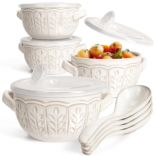 Artena French Onion Soup Bowls with Handles and lids & Spoons, 20 Oz Ceramic Soup Crocks Oven Safe Serving Bowls for Chili, Beef Stew, Cereal, Pot Pies, Embossment, Set of 4, White (Wheat Le