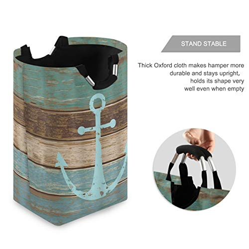 Retro Wooden Board Anchor Large Laundry Basket Vintage Beach Sea Ocean Marine Nautical Theme Collapsible Laundry Hamper with Handles Waterproof Clothes Washing Bin Dirty Baskets Storage - Image 5