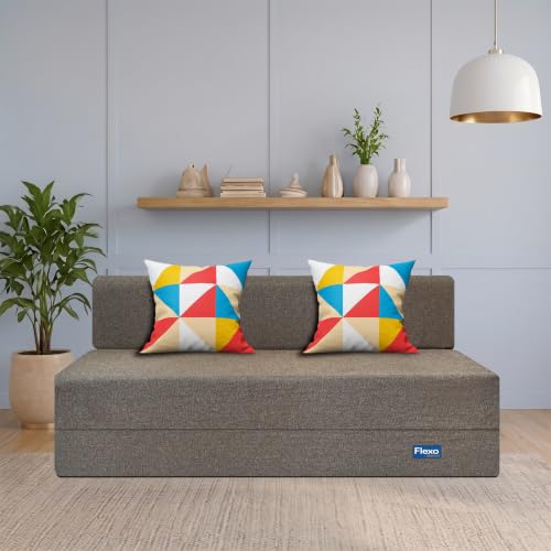 Image of Starlon 3 Seater Sofa Cum Bed Foldable 3-in-1 Sofa Bed with 1 Year Warranty, Washable Jute Fabric Cover & 2 Geometrical Pillows | Guest Bed | Coffee Brown 5x6.5 Ft