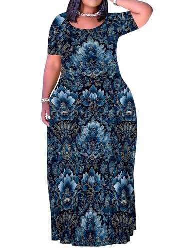 Image of PinkPatty Plus Size Dress for Women Casual Crew Neck Short Sleeve Maxi Dress Oversized Summer Beach Dresses with Pockets