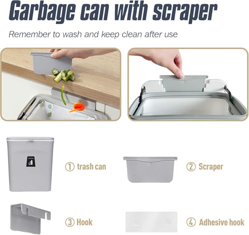 Image of 10 L Kitchen Compost Bin for Counter Top or Under Sink, Hanging Small Trash Can with Lid for Cupboard /Bathroom /Bedroom /Office /Camping, Mountable Indoor Compost Bucket (Grey)
