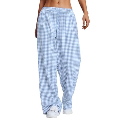 LOMON Striped Gingham Pants Women 2026 Spring Summer Pajamas Wide Leg Pj Lounge Boxer Bottoms Y2k Trousers with Pocket Blue White Plaid XX-Large