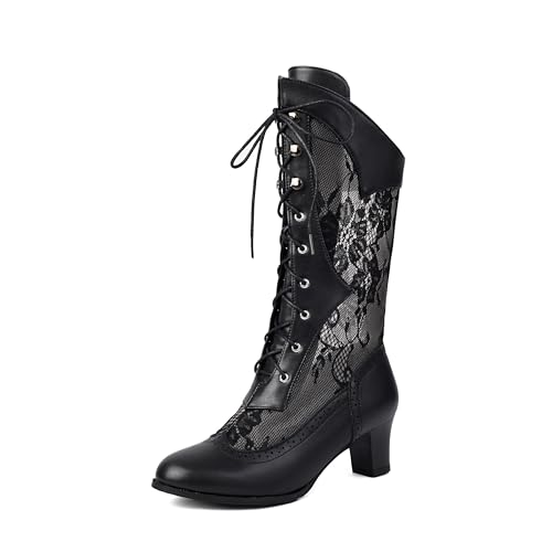 Goth Victorian Boots for Women Gothic Chunky Heels Lace Fishnet Mid-calf Boot Lace-up Wedding Cosplay Witch Costume Booties Shoes