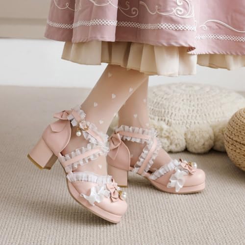 Women's Cross Ankle Strap Lolita Shoes Block Heel Platform Sandals Closed Round Toe Dress Shoes with Bow3