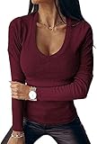 Imily Bela Damen Pullover V Ausschnitt Gerippt Slim Fit Dünn Pulli Sexy Langarmshirt Basic Oberteile Tunika, 2-Rot, M