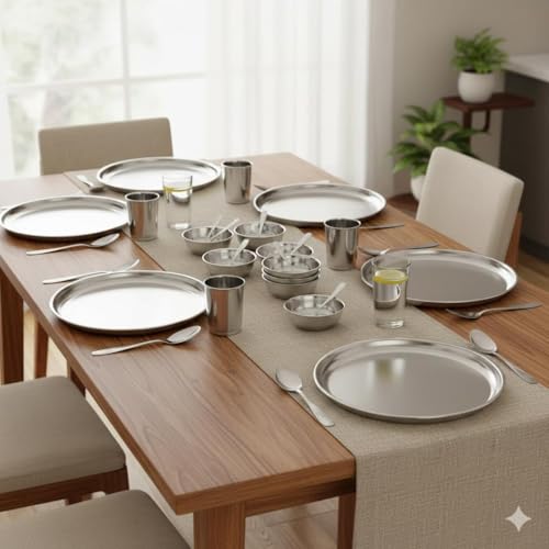 Image of 36 Pieces Stainless Steel Dinnerware /Dinner Set - 6 Thali, 6 D.Plate, 12 Bowl, 6 Glass, 6 Spoon, Kitchen Set for Home & Restaurants, Family - Silver Dinnerware Set