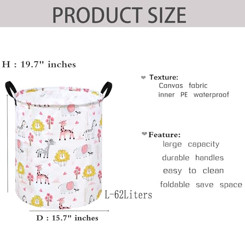 Image of Kids Laundry Hamper Clothes Gift Basket Storage Laundry Baskets Organizer Bin with Handles for Nursery Room (Pink Zoo)