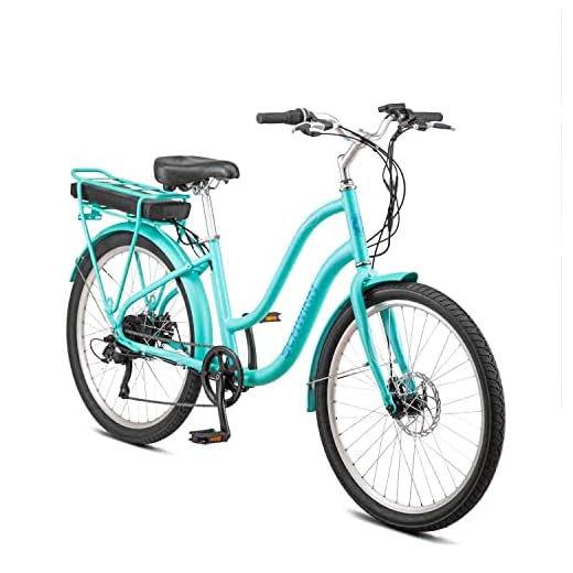 Schwinn Mendocino Adult Hybrid Electric Cruiser Bike, Lightweight Aluminum EBike Frame, 26-Inch Wheels, 6 Speed DriveTrain, Pedal Assist with Throttle, Mint Green