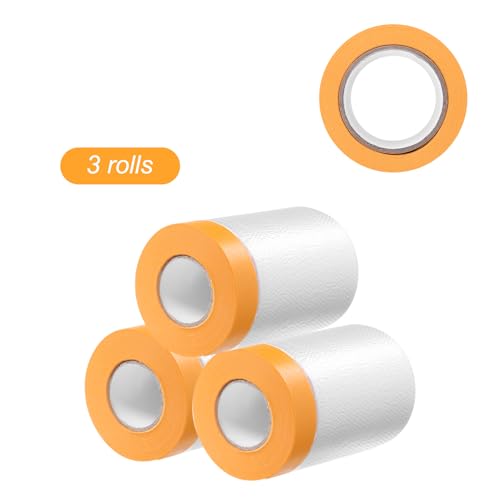 Image of HARFINGTON 3 Rolls Pre-Taped Masking Film 21.7 inch x65.6ft Tape and Drape Painters Plastic Drop Cloth Film with Tape Plastic Sheeting for Automotive Painting Covering