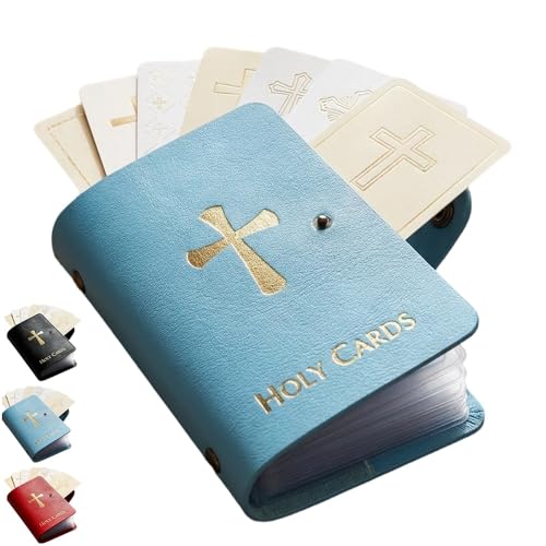Catholic Faux Leather Holy Card Holder Pocket Prayer Card Organizer with Snap Closure Prayer Card Holder Holds Up to 54 Cards Holy Cards Holder Album for Medals Keepsakes Memorial Cards (1 Blue)