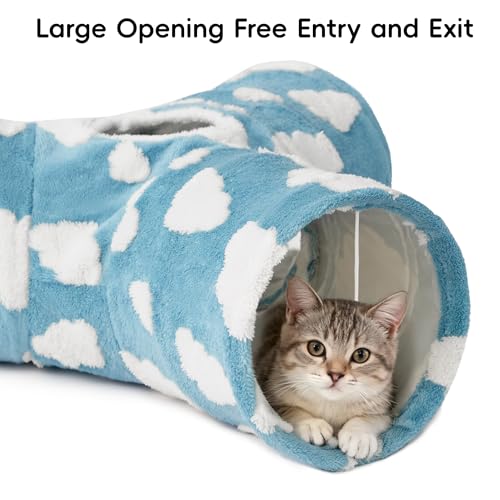 Image of Tempcore Flannel Cat Tunnel for Indoor Cats, 3 Way Collapsible Pet Play Tunnel with Teaser Wand, Peek Holes & Hanging Ball, Interactive Tube for Kittens & Rabbits, Blue Cloud