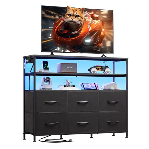 WLIVE Black TV Stand for 40, 45 inch TV, Entertainment Center with LED Lights & Charging Station, TV...