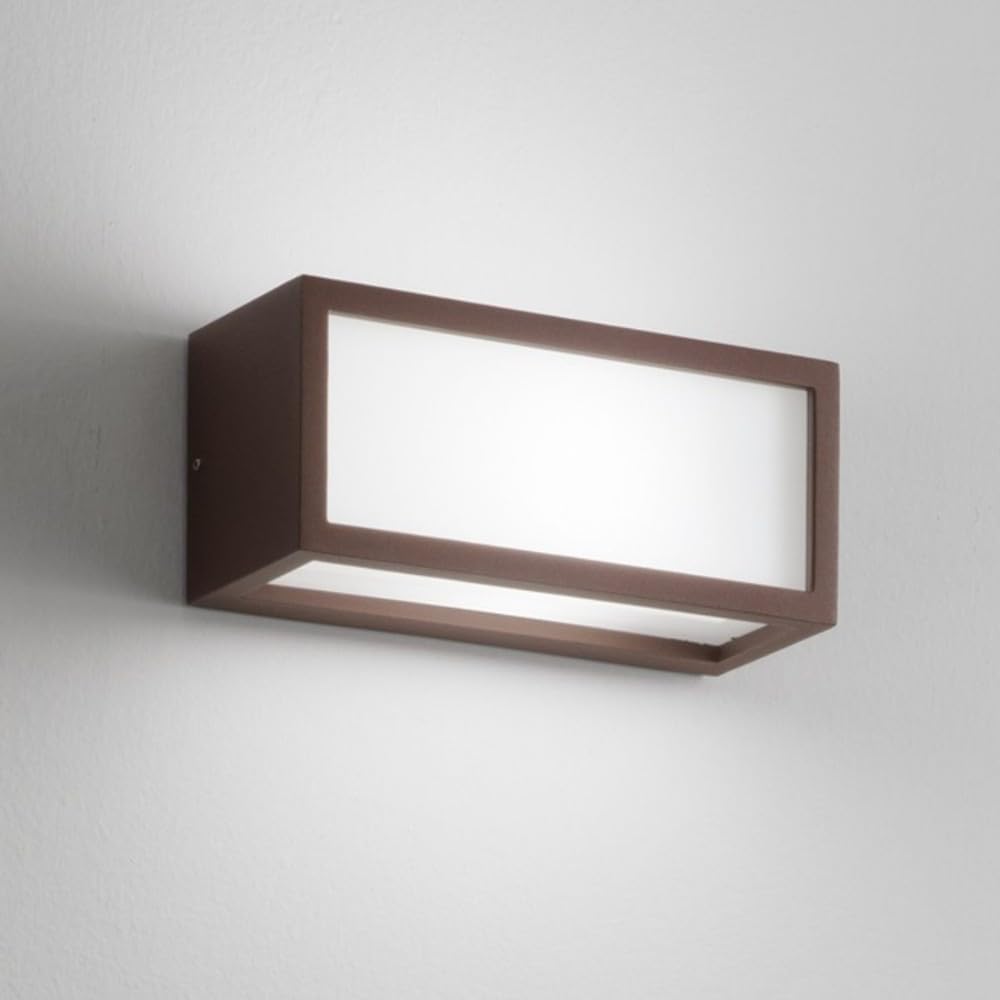 applique lampada da parete rettangolare per esterno ip54 marrone corten e27 led luce diffusa certificazione elettrica italiana